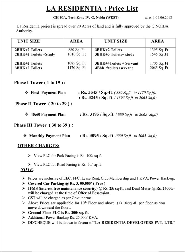 La Residentia Price List